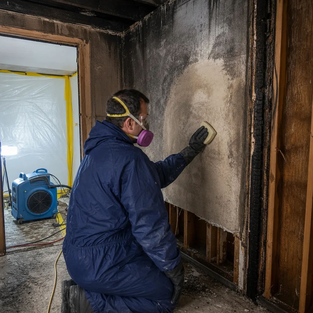Technician performing professional fire and smoke damage restoration on a wall