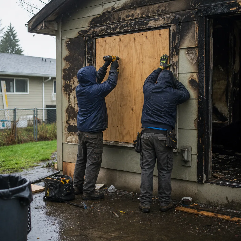Professional workers boarding up fire and smoke damaged window on house