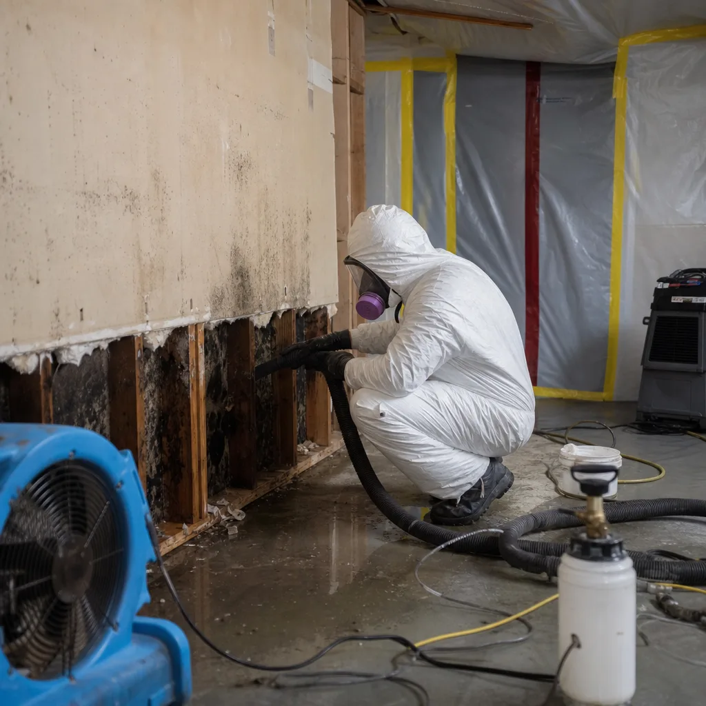 Professional mold remediation technician in protective suit cleaning water-damaged walls