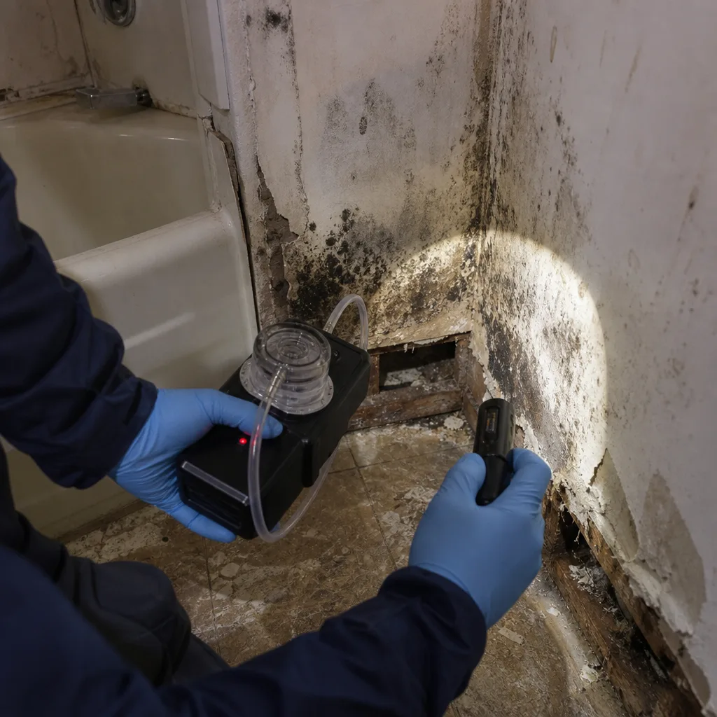 Professional technician performing air quality testing during a mold remediation inspection