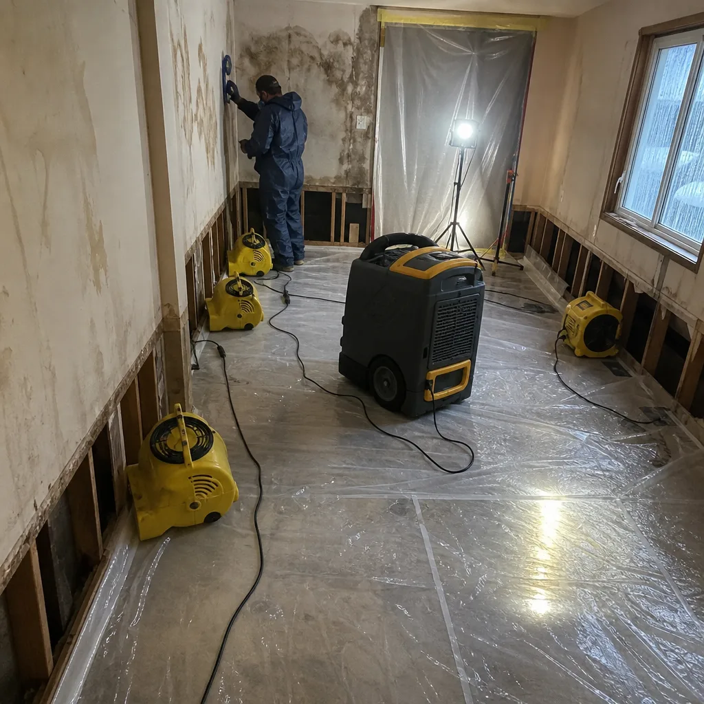 Technician performing professional water damage restoration in a residential home