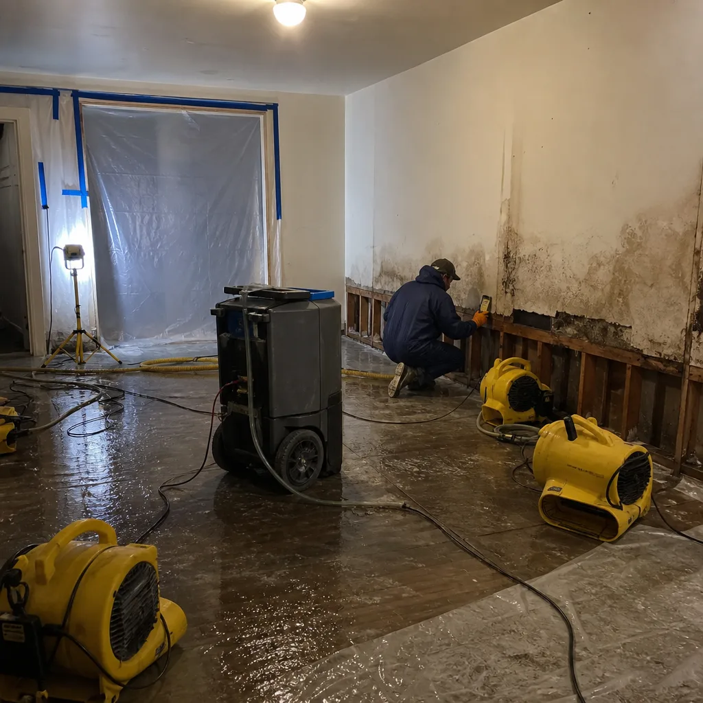 Technician using moisture meter during professional water damage restoration service
