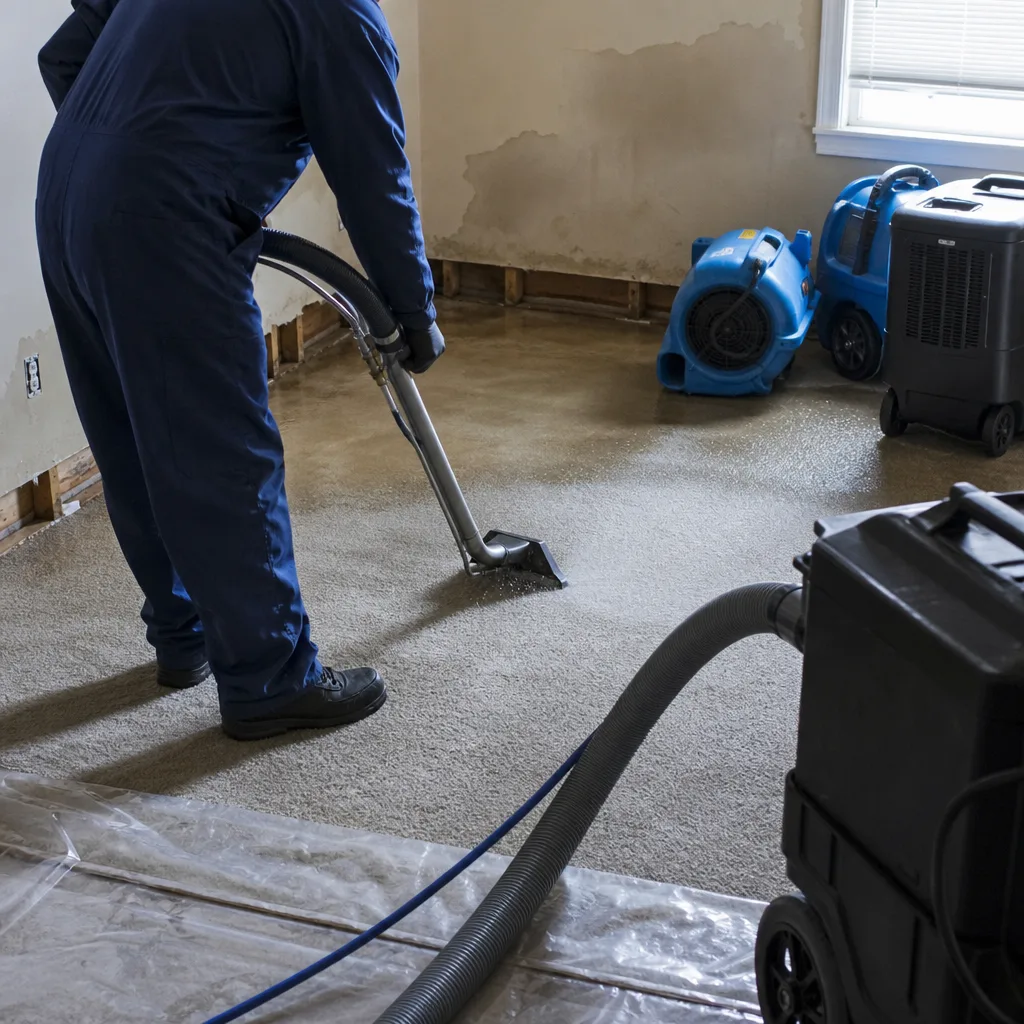 Water damage restoration professional extracting flood water from carpeted flooring