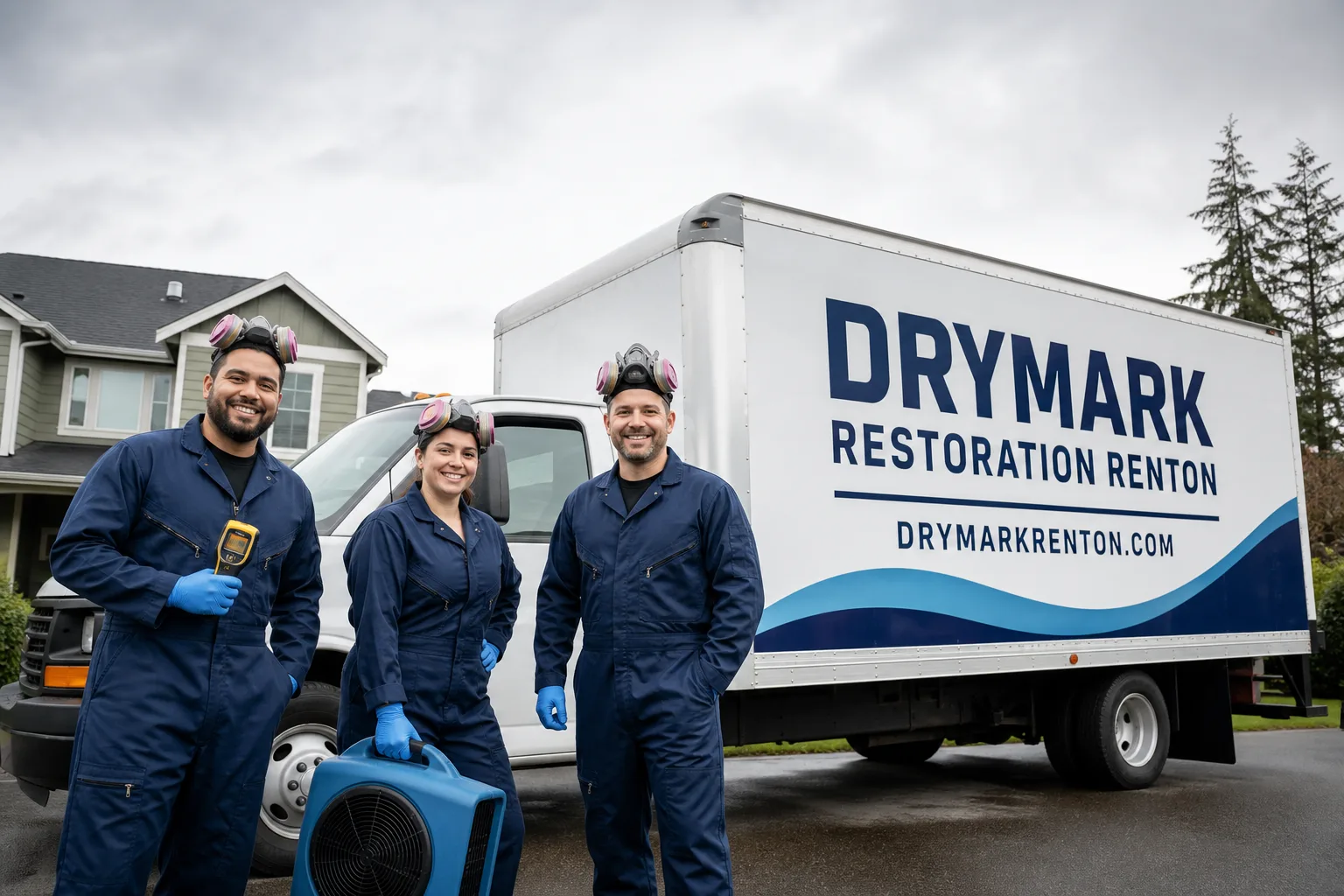 DryMark Restoration Renton damage restoration service vehicle and crew in Renton, WA